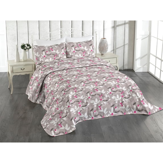 Ambesonne Berry Pattern Quilted Coverlet 3 Pcs, Modern Leafy Pattern, King Size, Taupe Grey Hot Pink Ivory