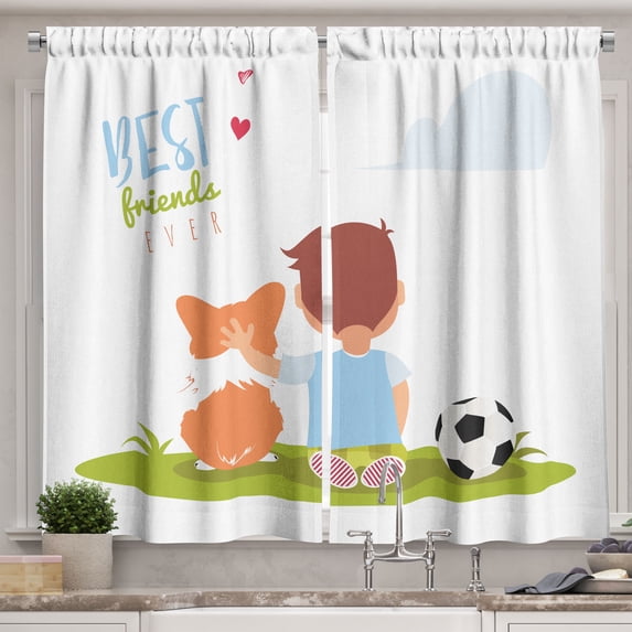 Ambesonne Best Friend Kitchen Curtains, Boy Hugging Dog, 55"x45", Apple Green and Multicolor