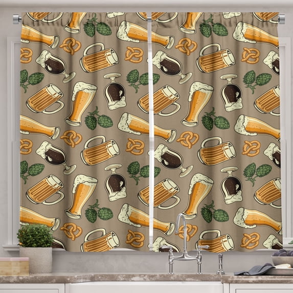Ambesonne Beverage Theme Kitchen Curtains, Pop Art Digital Beer, 55"x39", Dark Tan Pale Orange