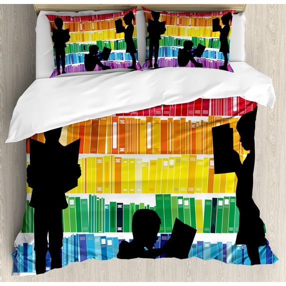 Ambesonne Bibliophile Duvet Cover Set, Reading Books, 2-Calking, Black Multicolor