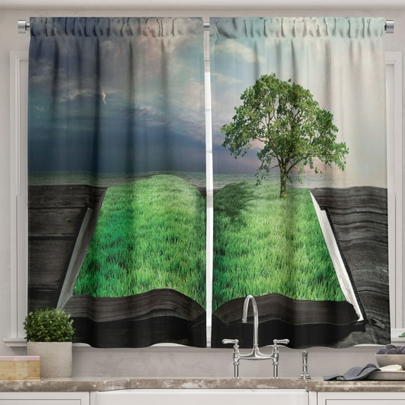 Ambesonne Bibliophile Kitchen Curtains, Surreal Book Art, 55"x39", Multicolor