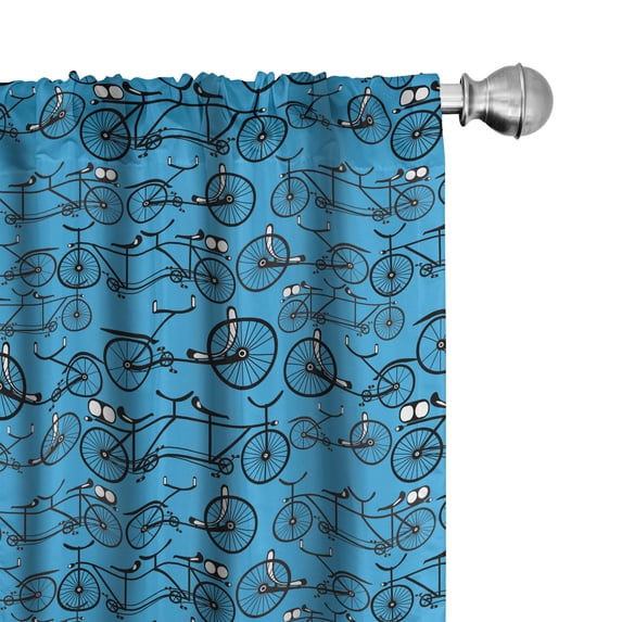 Ambesonne Bicycle Window Curtains, Antique Cartoon Bikes, Each 28" W x 63" L, Blue Black and White