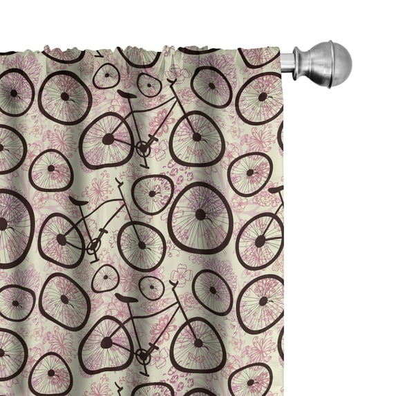 Ambesonne Bicycle Curtains, Pink Flowers Doodle, Pair of 28"x84", Pale Yellow Dark Brown