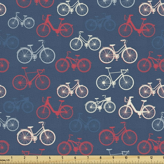 Ambesonne Bicycle Fabric by the Yard Upholstery, Bike Sketches on Blue, 2 Yards, Multicolor
