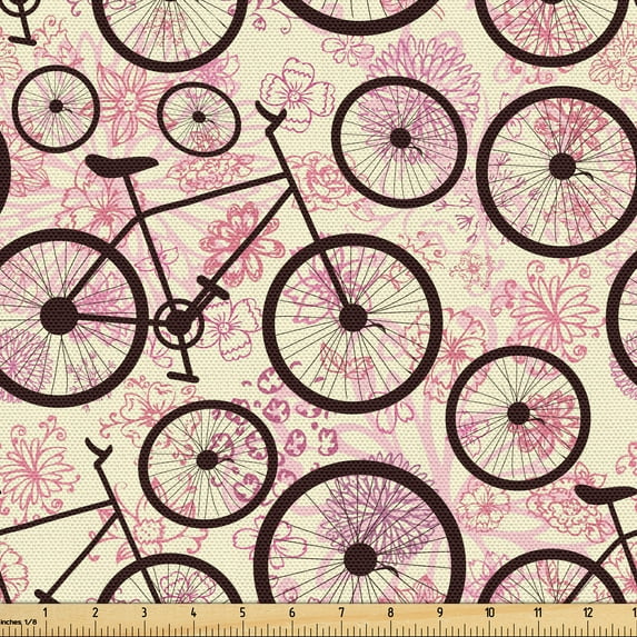Ambesonne Bicycle Fabric by the Yard Upholstery, Pink Flowers Doodle, 2 Yards, Pale Yellow Dark Brown