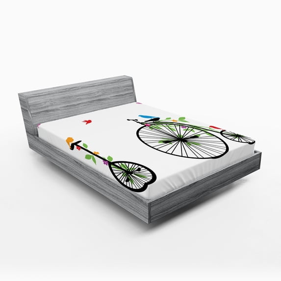 Ambesonne Bicycle Fitted Sheet, Flying Birds Flowers, Full Size, Multicolor
