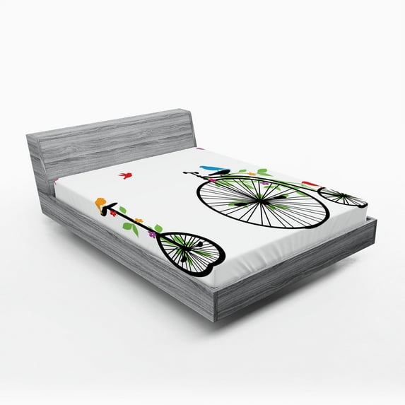 Ambesonne Bicycle Fitted Sheet, Flying Birds Flowers, Queen Size, Multicolor