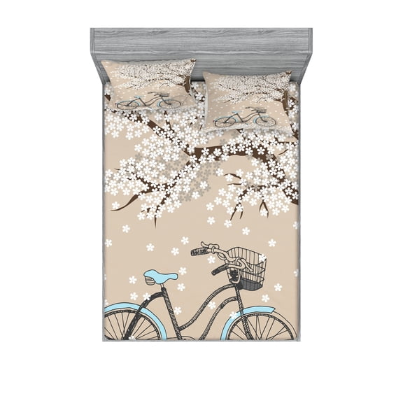 Ambesonne Bicycle Fitted Sheet & Pillow Sham Set, Blooming Tree in Spring, Full, Multicolor