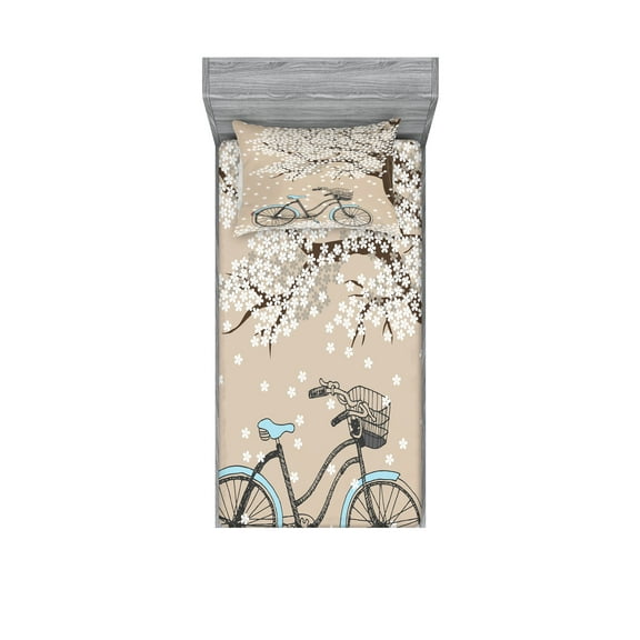 Ambesonne Bicycle Fitted Sheet & Pillow Sham Set, Blooming Tree in Spring, Twin, Multicolor