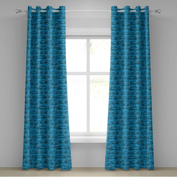Ambesonne Bicycle Grommet Curtain, Antique Cartoon Bikes, 50" x 84", Blue Black and White