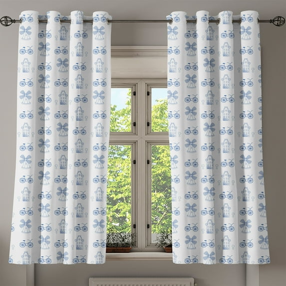 Ambesonne Bicycle Grommet Curtain, Dutch Ornament Drawings, 50" x 63", White Night Blue