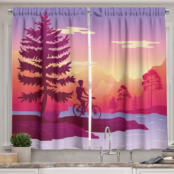 Ambesonne Bicycle Kitchen Curtains, Biker in Forest River Trees, 55"x36", Plum Lilac and Hot Pink