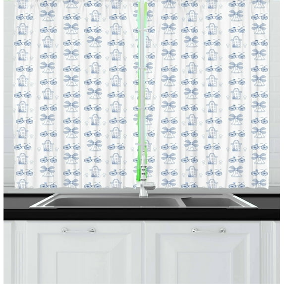 Ambesonne Bicycle Kitchen Curtains, Dutch Ornament Drawings, 55"x39", White Night Blue
