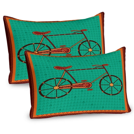 Ambesonne Bicycle Pillow Sham 2 Pack, Desi Art Style Ethnic, 26"x20", Green Brown Orange
