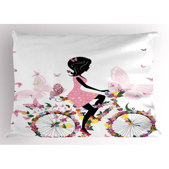 Ambesonne Bicycle Pillow Sham, Girl Flower Butterflies, 36" X 20", Multicolor