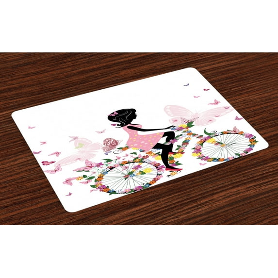 Ambesonne Bicycle Place Mats Set of 4, Girl Flower Butterflies, Standard Size, Multicolor