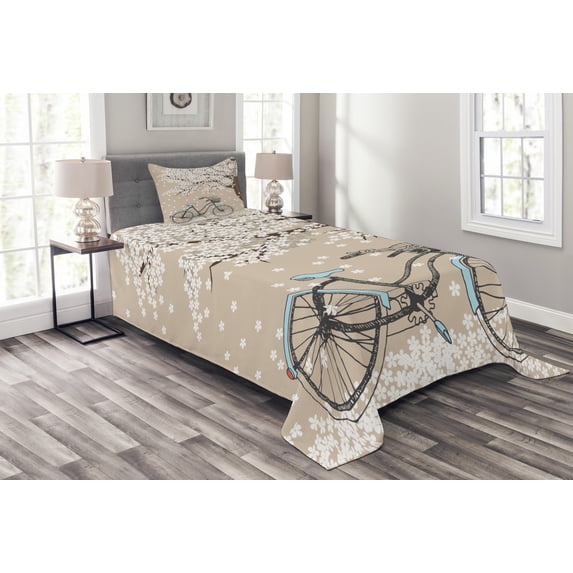 Ambesonne Bicycle Quilted Bedspread Set 2 Pcs, Blooming Tree in Spring, Twin Size, Multicolor