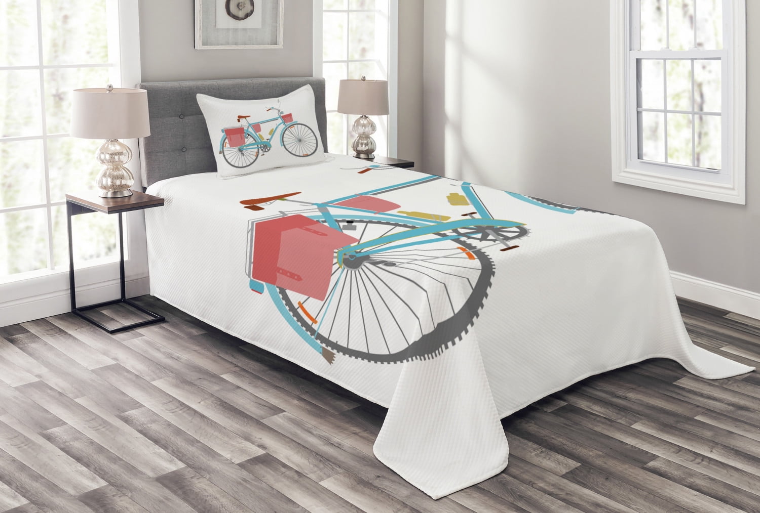 White Twin Kids Unisex Bicycle Quilted Bedspread Set