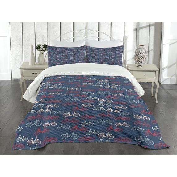 Ambesonne Bicycle Quilted Bedspread Set 3 Pcs, Bike Sketches on Blue, King Size, Multicolor