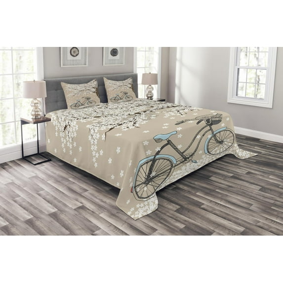 Ambesonne Bicycle Quilted Bedspread Set 3 Pcs, Blooming Tree in Spring, King Size, Multicolor