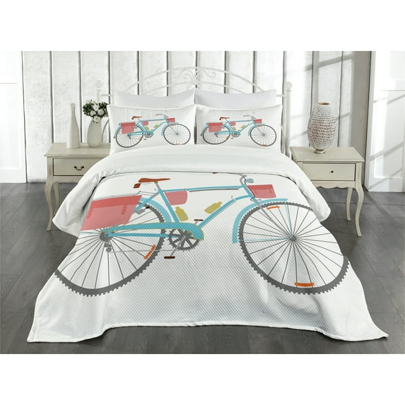 Ambesonne Bicycle Quilted Bedspread Set 3 Pcs, Classic Tour Bike Bags, Queen Size, Multicolor