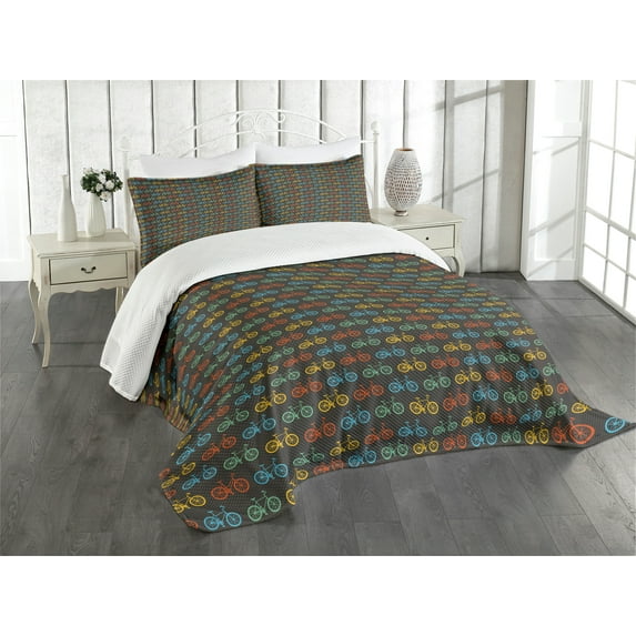 Ambesonne Bicycle Quilted Bedspread Set 3 Pcs, Colorful Bike Pattern Print, Queen Size, Vermilion Dimgray Mustard