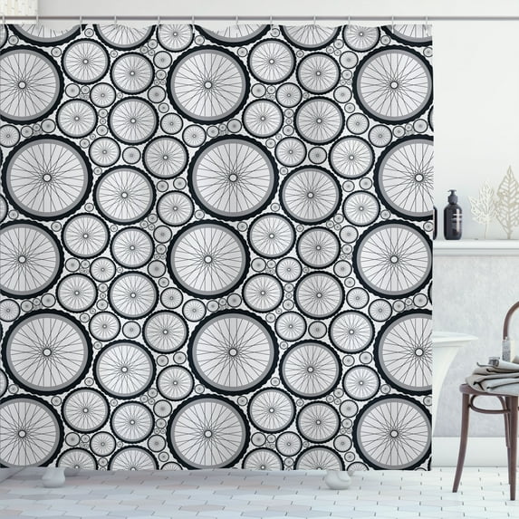 Ambesonne Bicycle Shower Curtain, Repeated Bike Wheels Art, 69"Wx75"L, Pearl and Charcoal Grey