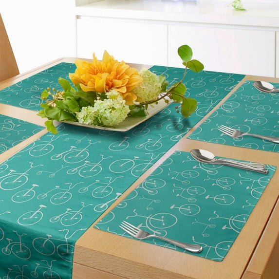 Ambesonne Bicycle Table Runner & Placemats, Retro Design Bikes Pattern, Placemat 4 pcs + Runner 14"x90", Dark Seafoam Pale Grey