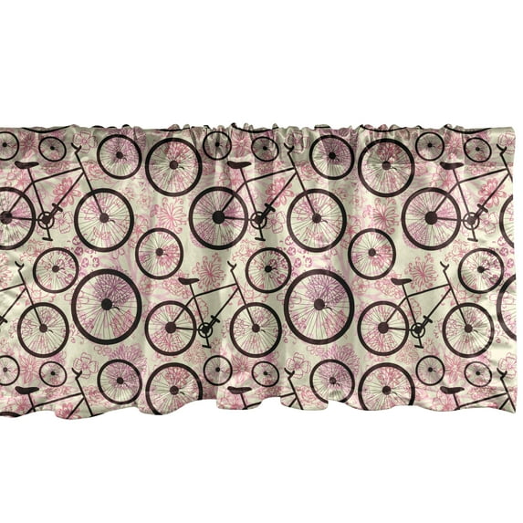 Ambesonne Bicycle Window Valance, Pink Flowers Doodle, 54" X 12", Pale Yellow Dark Brown