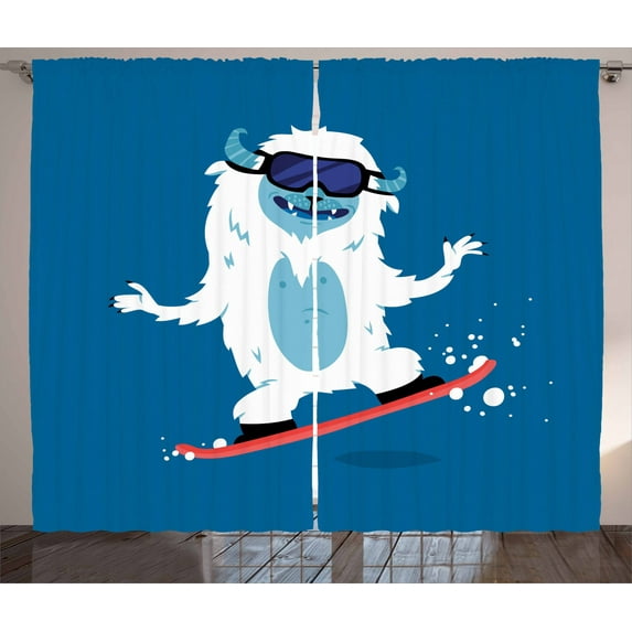 Ambesonne Bigfoot Curtains 2 Panel Set, Yeti Snowboard Winter, 108" x 63", Multicolor