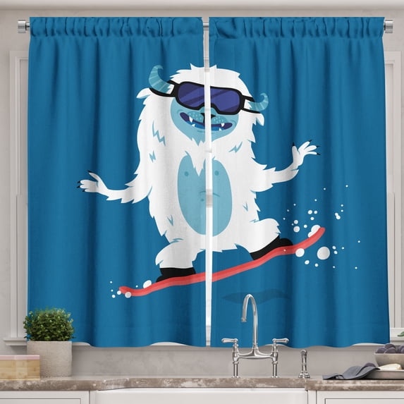 Ambesonne Bigfoot Kitchen Curtains, Yeti Snowboard Winter, 55"x39", Multicolor