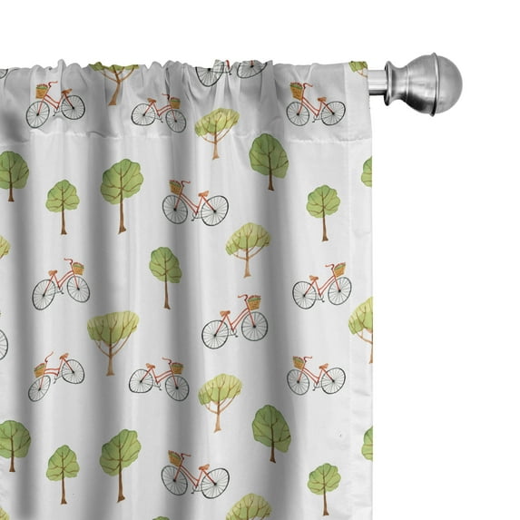 Ambesonne Bike Curtains, Bicycles and Trees Pattern Art, Pair of 28"x63", Pistachio Green and Redwood