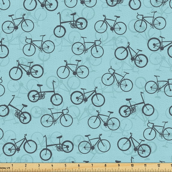 Ambesonne Bike Fabric by the Yard Upholstery, Various Bicycle Silhouettes, 1 Yard, Blue Slate Blue