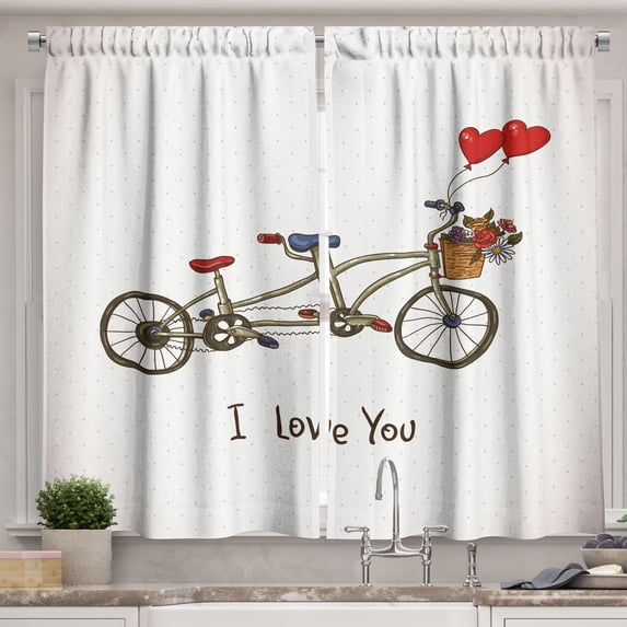 Ambesonne Bike Party Kitchen Curtains, Romantic Tandem Bicycle, 55"x39", Ivory Multicolor