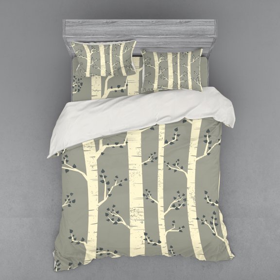Ambesonne Birch Bedding Set 4 Pcs, Trees Nature Boho Composition, Queen, Pale Yellow and Warm Taupe