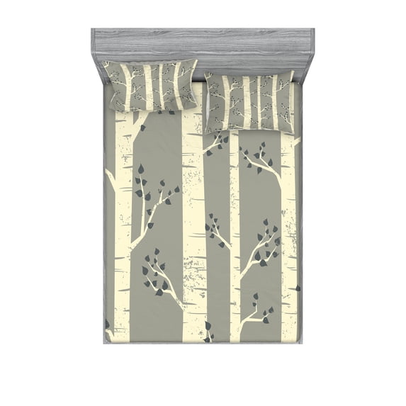 Ambesonne Birch Fitted Sheet & Pillow Sham Set, Trees Nature Boho Composition, Queen, Pale Yellow and Warm Taupe