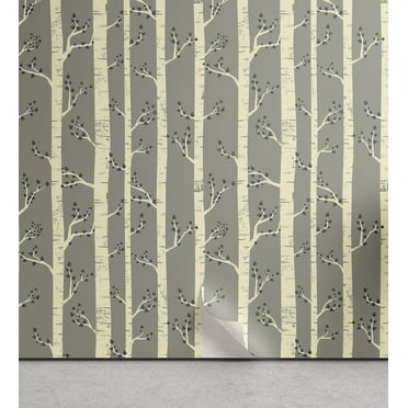 Ambesonne Birch Peel & Stick Wallpaper for Home, Trees Nature Boho Composition, 13"x36", Pale Yellow and Warm Taupe