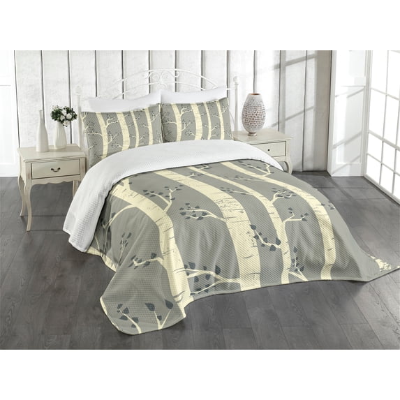 Ambesonne Birch Quilted Bedspread Set 3 Pcs, Trees Nature Boho Composition, King Size, Pale Yellow and Warm Taupe