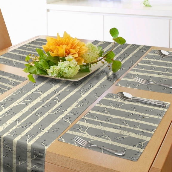 Ambesonne Birch Table Runner & Placemats, Trees Nature Boho Composition, Placemat 4 pcs + Runner 14"x90", Pale Yellow and Warm Taupe