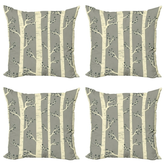 Ambesonne Birch Throw Pillow Cover 4 Pack, Trees Nature Boho Composition, 16", Pale Yellow and Warm Taupe
