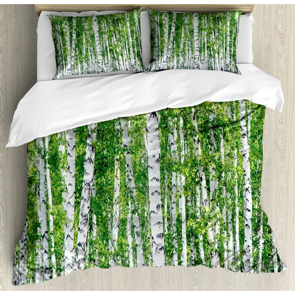 Ambesonne Birch Tree Duvet Cover Set, Fresh Summer Leaves, 2-Calking, Green White Black