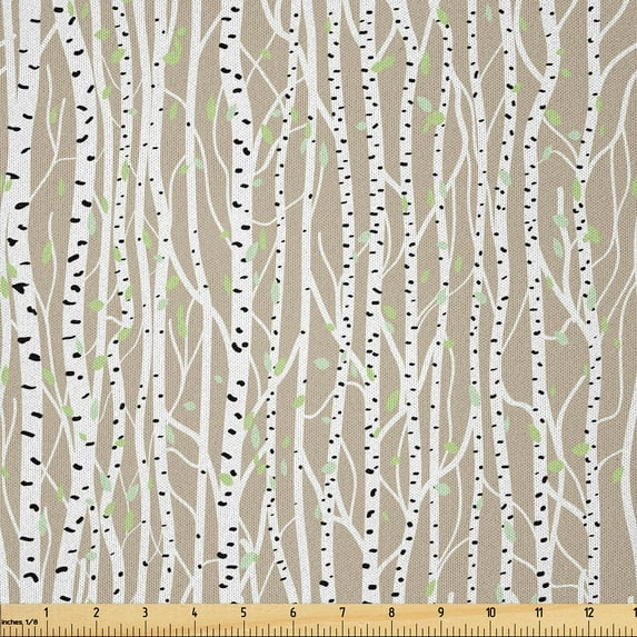 Ambesonne Birch Tree Fabric by the Yard Microfiber, Trunks Black Spots, 5 Yards, Tan Pale Green Black