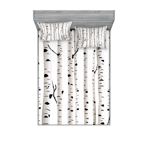 Ambesonne Birch Tree Fitted Sheet & Pillow Sham Set, Seasonal Woodland, King, Black and White