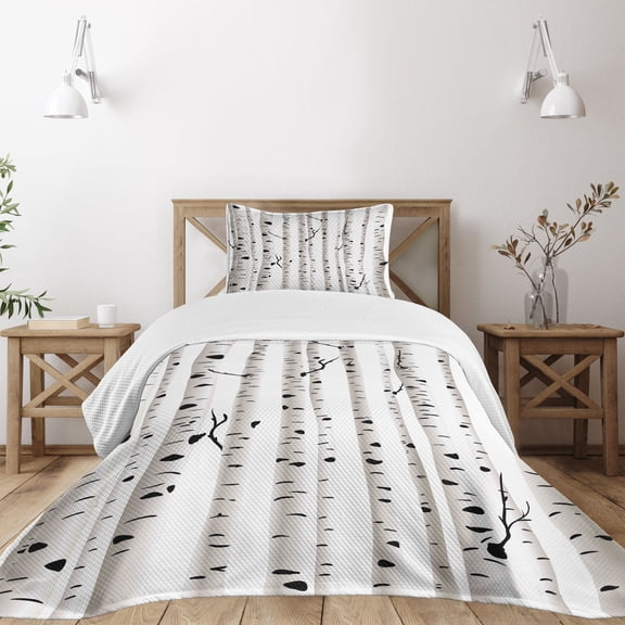 Ambesonne Birch Tree Quilted Bedspread Set 2 Pcs, Seasonal Woodland, Twin Size, Black and White