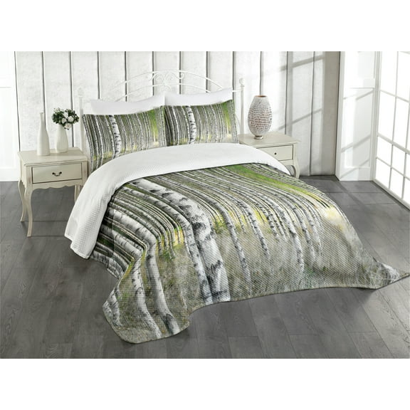 Ambesonne Birch Tree Quilted Bedspread Set 3 Pcs, Late Summer Foliage, Queen Size, Green Pale Grey Black