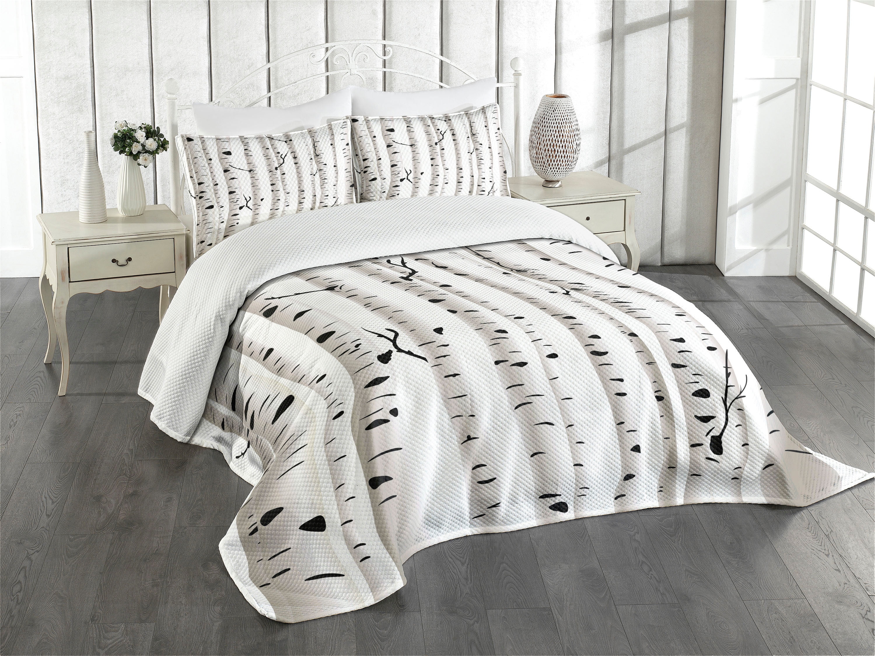 King Size Black and White Birch Tree Bedspread Set