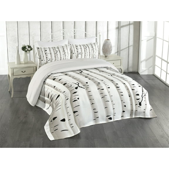 Ambesonne Birch Tree Quilted Coverlet 3 Pcs, Seasonal Woodland, King Size, Black and White