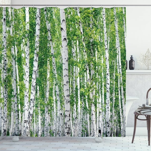 Ambesonne Birch Tree Shower Curtain, Fresh Summer Leaves, 69"Wx75"L, Green White Black