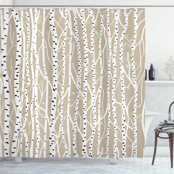 Ambesonne Birch Tree Shower Curtain, Trunks Black Spots, 69"Wx84"L, Tan Pale Green Black