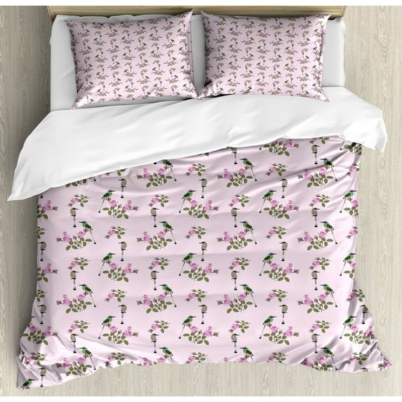 Ambesonne Bird Duvet Cover Set, Exotic Flying Animal Flowers, 2-Calking, Pale Mauve Multicolor